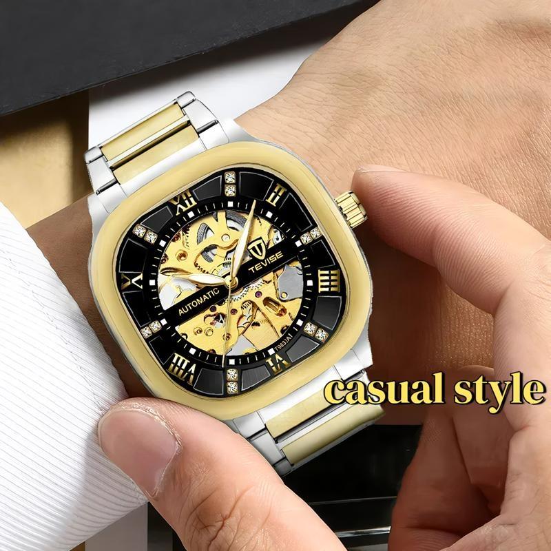 TEVISE Automatic Mechanical Watches for Men Stainless Steel Waterproof Skeleton Watch Square Dial Luminous Fashion Business Wristwatch
