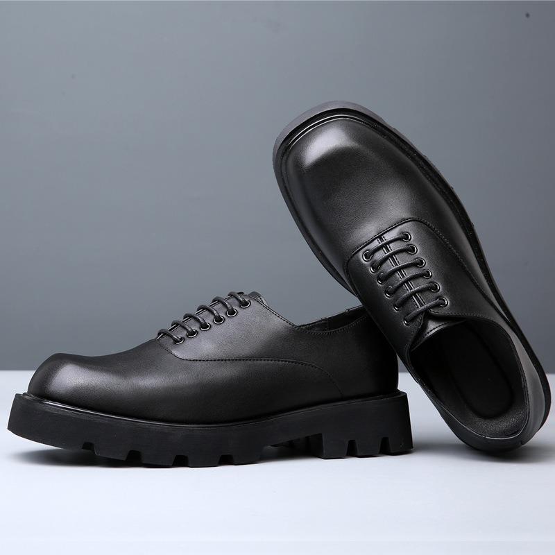 Square head casual leather shoes men's high-end sense thick-soled niche design spring and summer trend breathable heightening derby shoes
