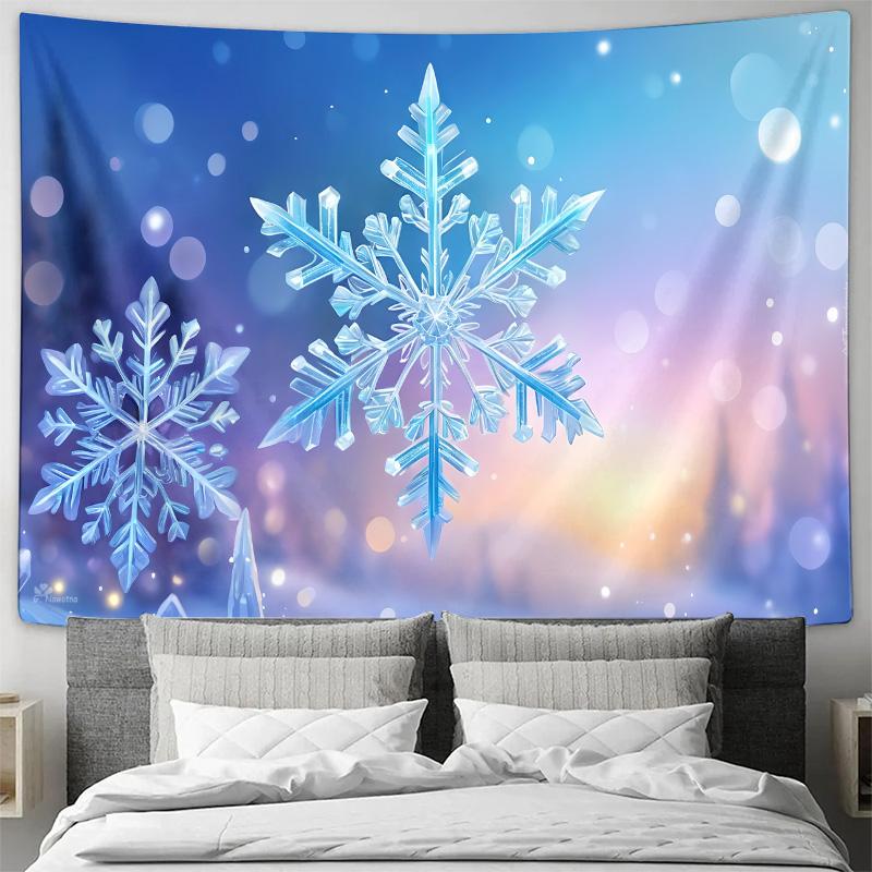 Blue White Snowflake Curtain WinterThemed Decorative Wall Tapestry