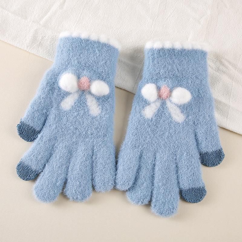 Damehansker i ull med sløyfe og berøringsskjerm - Varme, strikkede, søte, femfingrede, ideelle for sykling om høsten/vinteren og studenter.