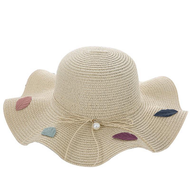 Women Hats Big Wide Brim Straw Hat Pearl Beach Sun Cap Outdoor Sun Bow Hat Summer Holiday Travel Cap