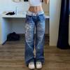 GLYDE Women's Harajuku Print Jeans Floral Print Vintage Aesthetic Baggy Straight Pants Grunge Casual Outfits Trousers Streetwear Y2k