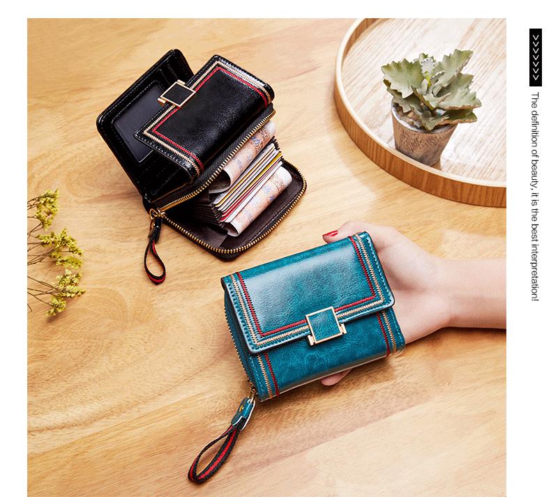 2025 Women's Retro Oil Wax Leather Accordion Wallet - Multi-Card Slot, Zipper, Short Style