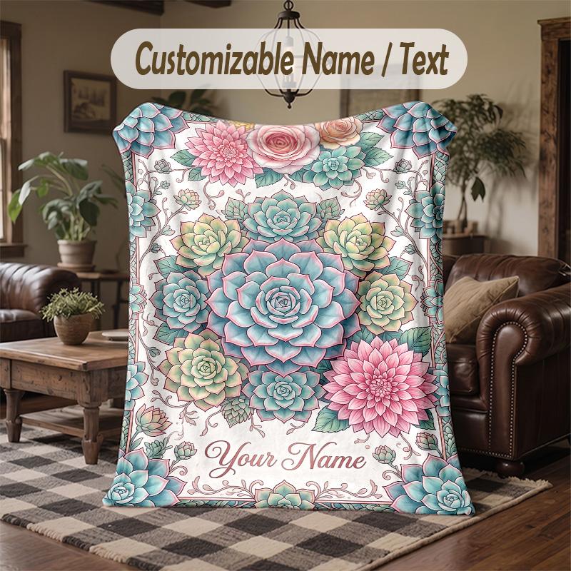 Floral Artwork Daisies Theme Throw Blanket Custom Name Text Personalized Blanket Soft Cozy Blanket for Home Sofa Bed