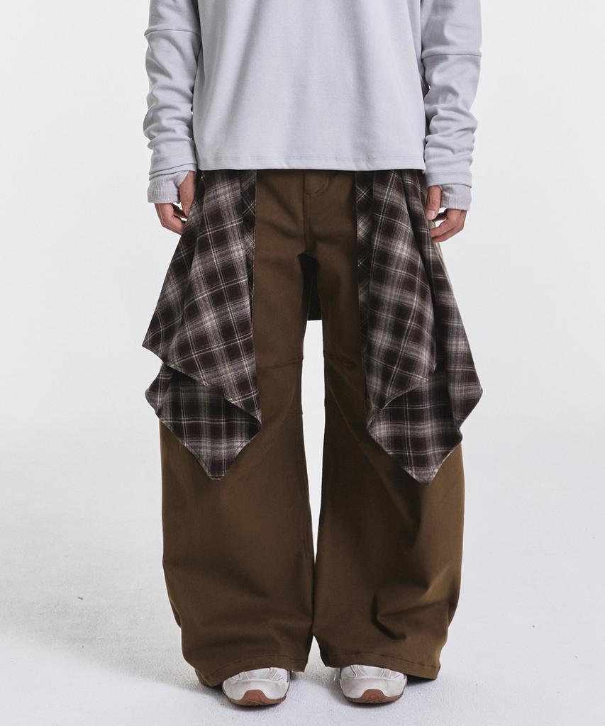 Gicheol Layered Offcheck Wide Pants (Brown)