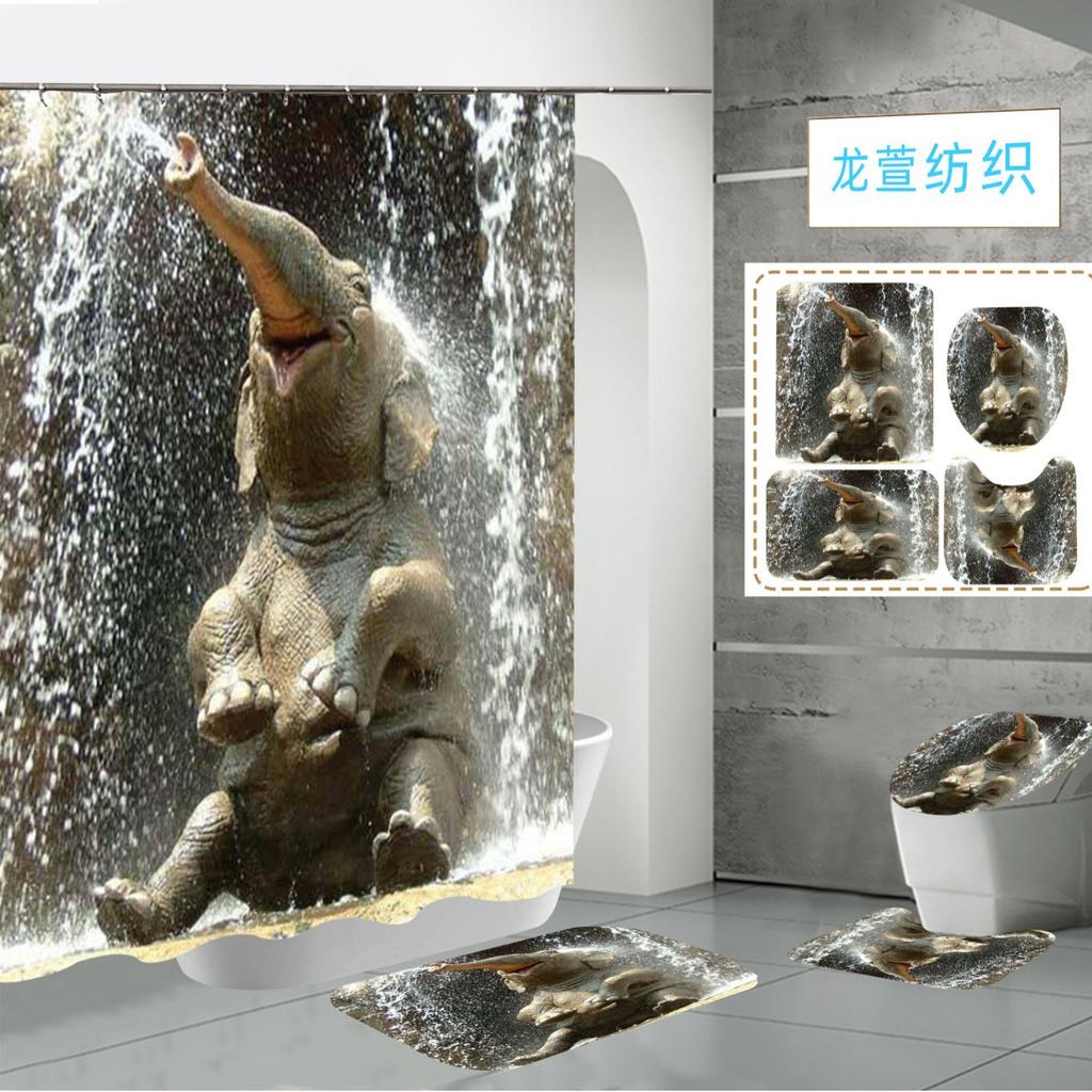 Polyester Elephant 3D Digital Printing Bathroom Personalized Partition Shower Curtain Four-Piece Set