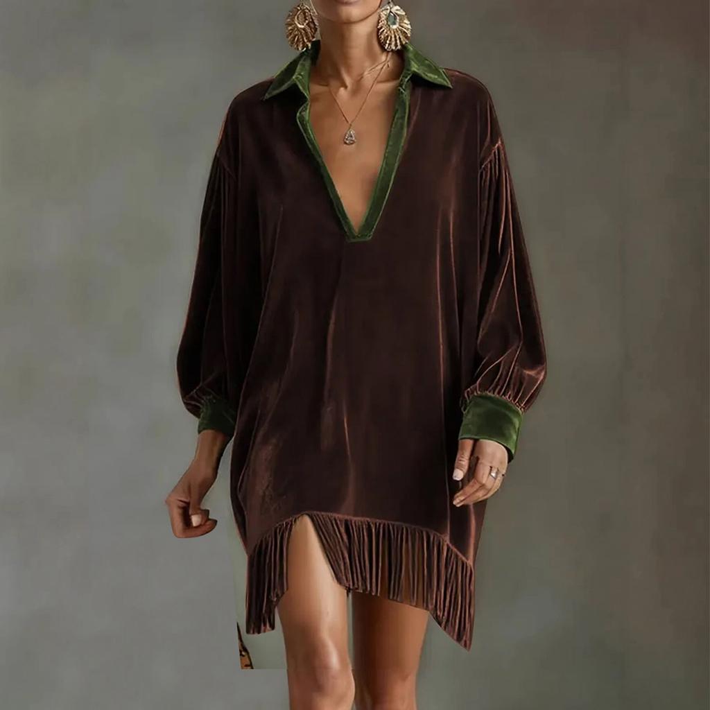 Women's Fashionable Color Blocked V-neck Long Sleeved Retro Loose Pocket Tassel Dress