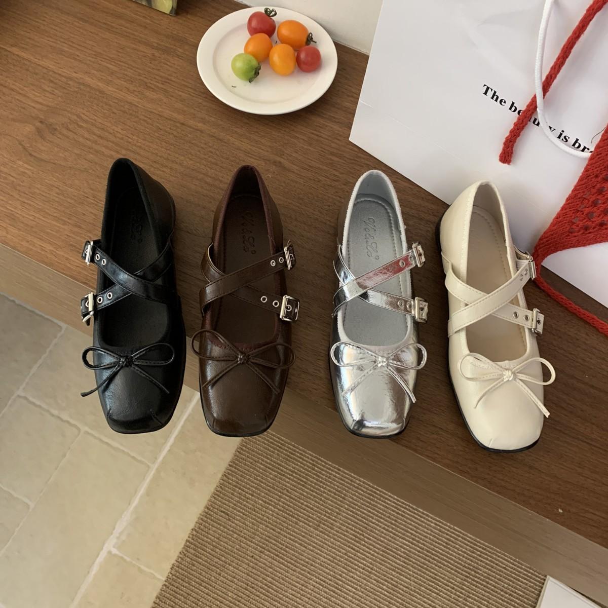 

2025 new round head one-word cross with bow, light mouth thick heel, light mouth versatile OL single shoes 39 кофейный