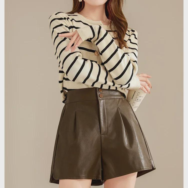 Braune PU-Ledershorts mit hoher Taille in A-Linie für Damen, Herbst/Winter 2025, Slim Fit, lässige Oberbekleidung mit weitem Bein.