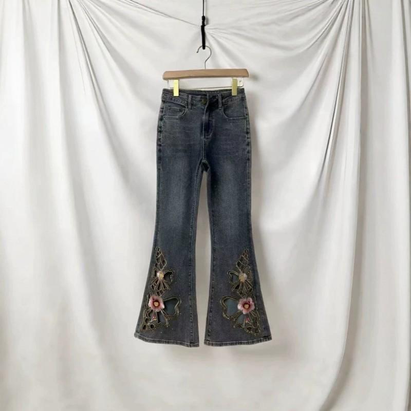 Womens High-Waisted Embroidered Butterfly Rhinestone Denim Pants Vintage Slim Fit Flared Jeans