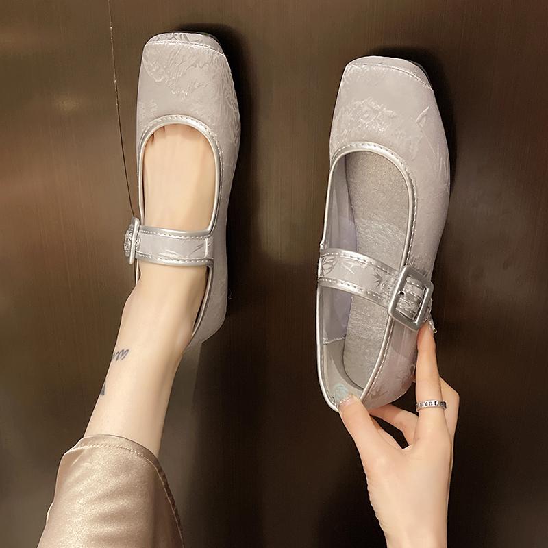 Fashion Spring New Low Heel Single Shoes Women's Square Head Shallow Mouth One Word Buckle Soft Sole Non-slip Low Top Shoes