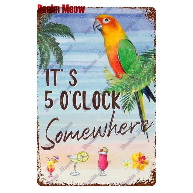 Metal Tin Sign Wall Decor, Vintage Parrot Cocktail Bar Plates, Kitchen Painting Decor, It's 5 O'clock, WY23