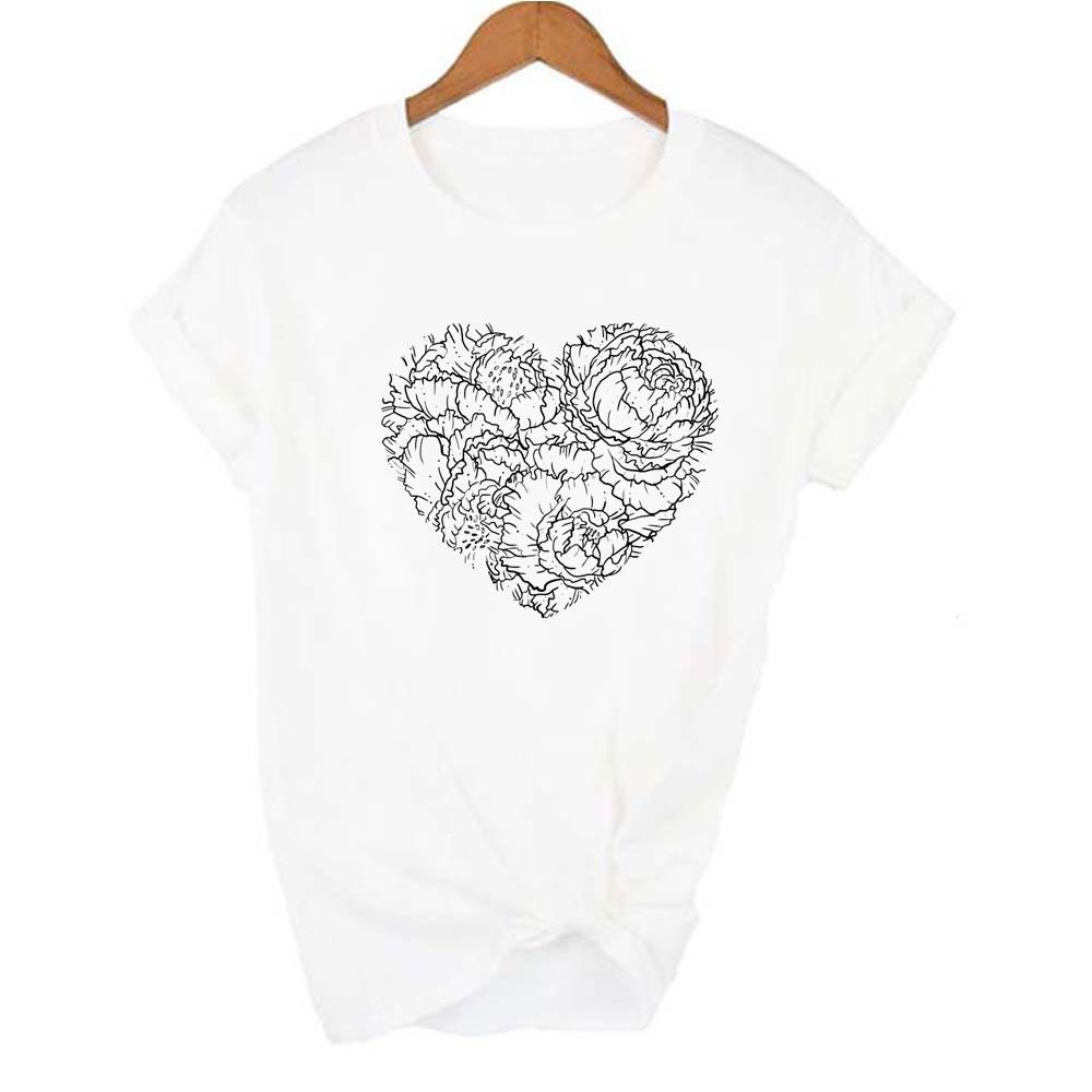Cool Women T Shirt Heart Flowers Love Casual Shirts Yellow Blue Floral Heart Camisas Mujer Female