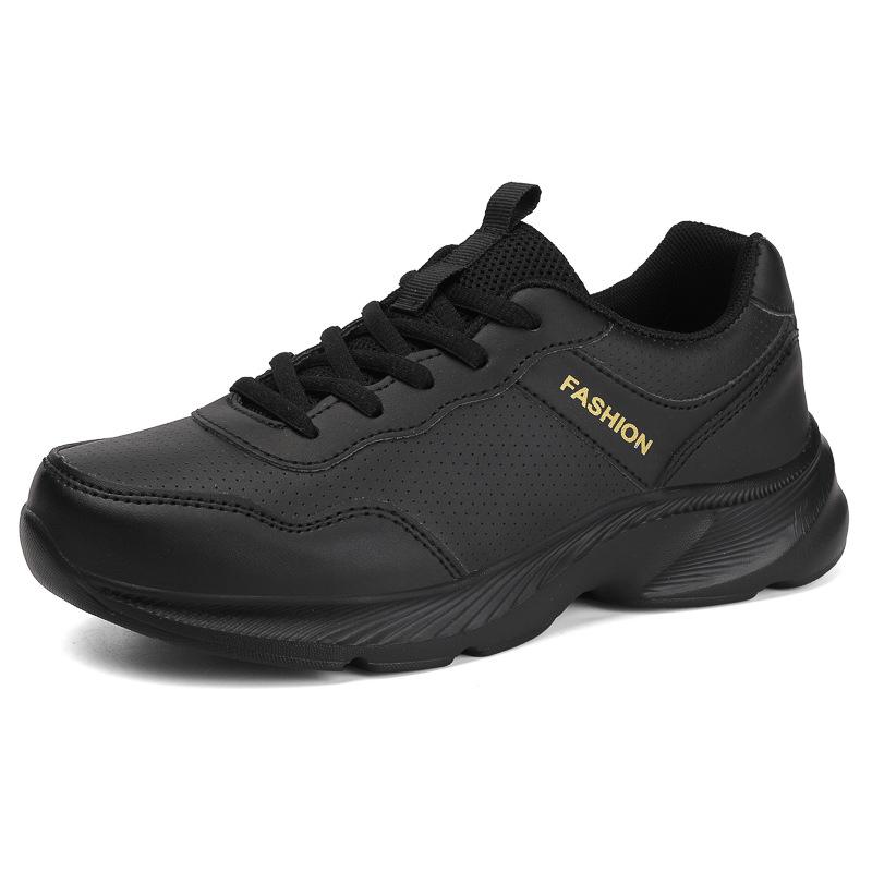 All Black Sports Shoes, Waterproof Casual Shoes with Leather Surface, Not Tired After Standing for a Long Time, Soft-soled Non-slip Running Shoes