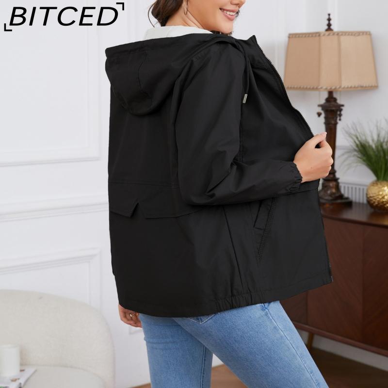 BITCED Hooded Solid-Colour Trench Coat for Women Long-Sleeved Spring/Autumn Lightweight Jacket Casual Style