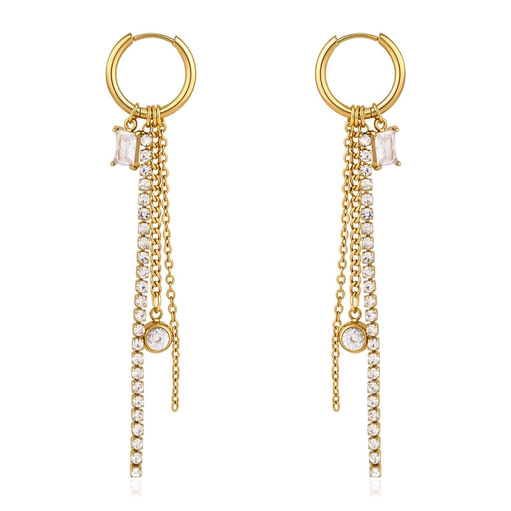 White Square Zirconia Rhinestone Chain Dangle Tassel Earrings for Women 18K Gold Plated Stainless Steel Jewelry for Fashion