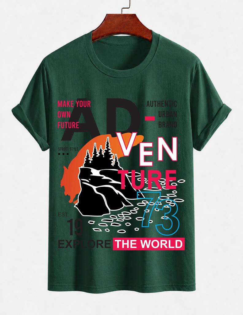 Unisexs Pure Cotton Solid Color Tshirt With Adventure World Exploration Print Crew Neck Short Sleeve Outdoor Street Casual Top