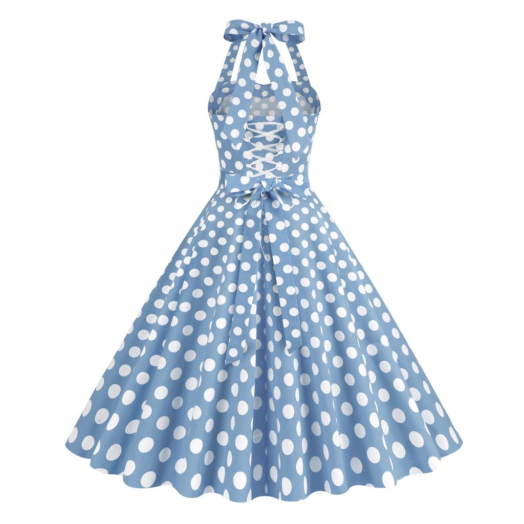 Retro colour-block polka dot halter-neck performance dress with tie-up detail – perfect for photo shoots, picnics and special occasions