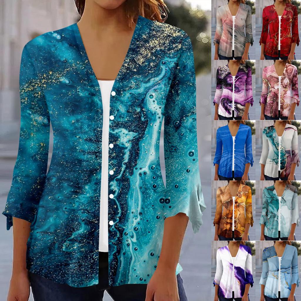 Women's Loose Casual Printed Three Quarter Sleeve Flared Sleeve Button Cardigan Jacket