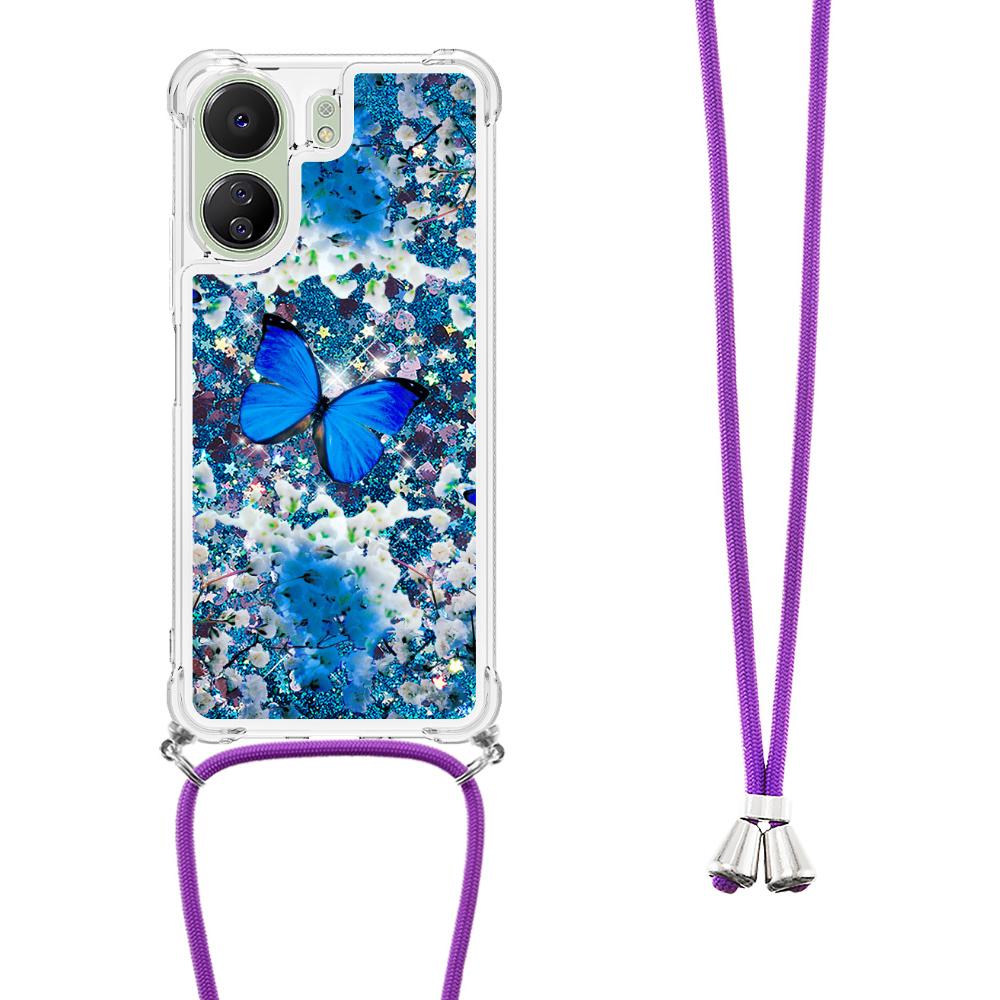 

For Xiaomi Redmi 13C 4G/13C 5G/13R 5G/Poco M6 5G/Poco C65 4G TPU Case with Lanyard Quicksand Pattern Print Phone Cover Blue Butterfly