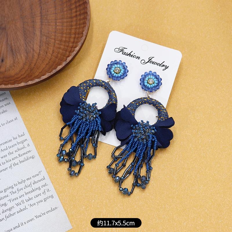 Bohemian Crystal Fringed Flower Large Circle Stud Earrings Women's Long Temperament Vacation Earrings Retro Earrings