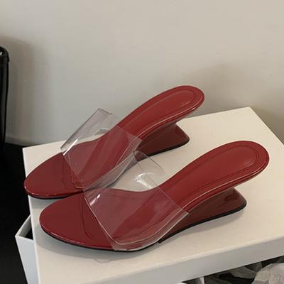 Liyke Seltsamer Stil Keilabsatz Hausschuhe für Damen Flache offene Zehen Pantoletten Hohe Absätze PVC Transparente Sandalen Sommer Strandparty Schuhe