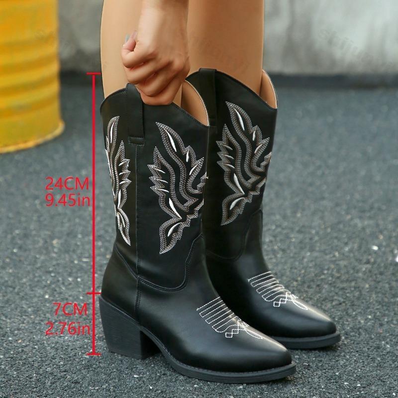 Women Boots Cowboy Boots Women Autumn Vintage Brown 2026 Embroidered Pointed Toe Brown Long Boots Chunky Mid Calf Women Shoes