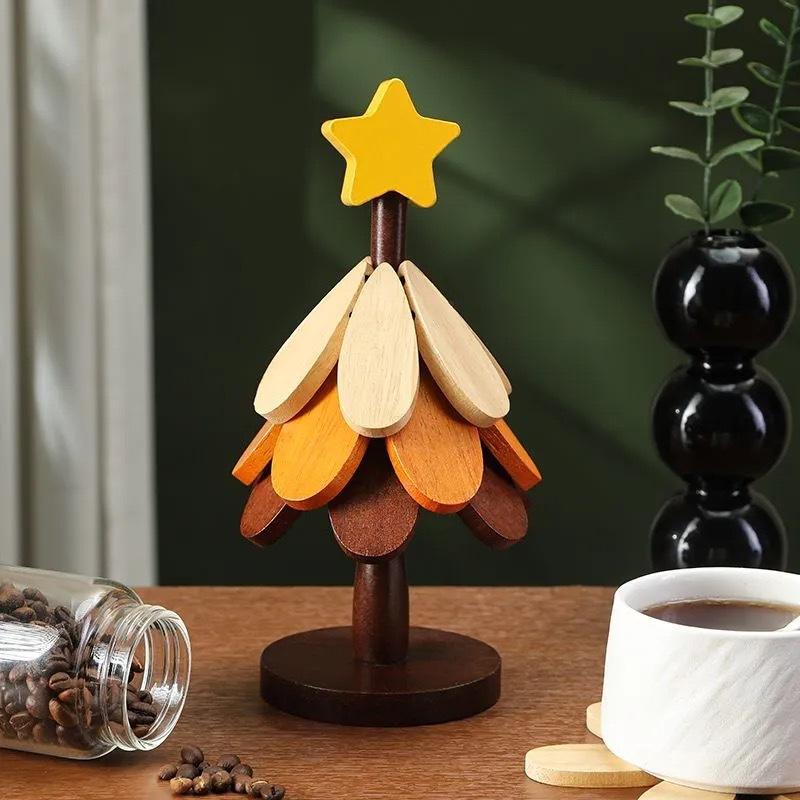 Wooden Christmas Tree Shaped Heat Resistant Trivet Foldable Pot Mat Table Decoration 3 layers