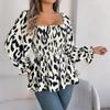 Herbst- und Winter Damen Casual Rüschen Quadratkragen Leopardenmuster Langarm Chiffonbluse