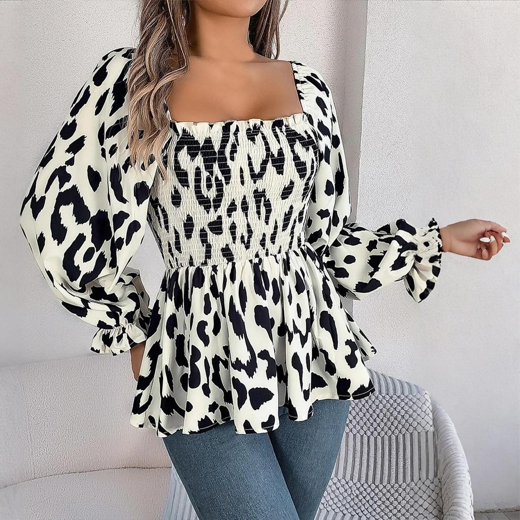 Herbst- und Winter Damen Casual Rüschen Quadratkragen Leopardenmuster Langarm Chiffonbluse