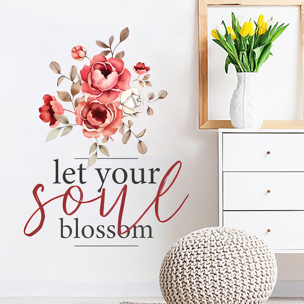 Creative Pink Rose Quotes Wall Sticker for Bedroom Living Room Study Home Decoration