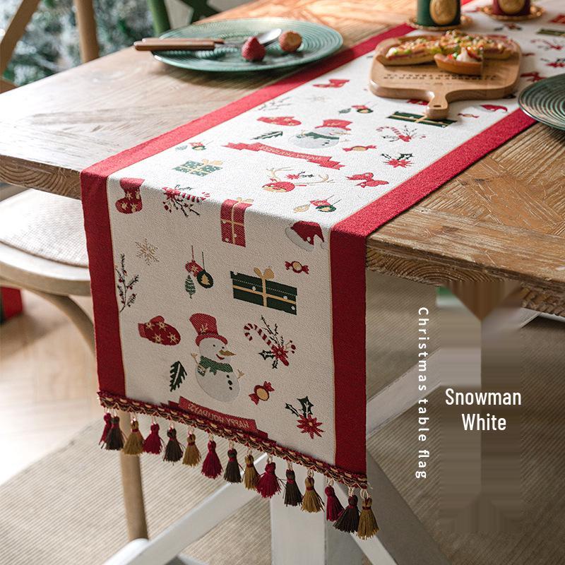 Jacquard Yarn-Dyed Christmas Snowman Reindeer Tassel Polyester Table/Bed Runner