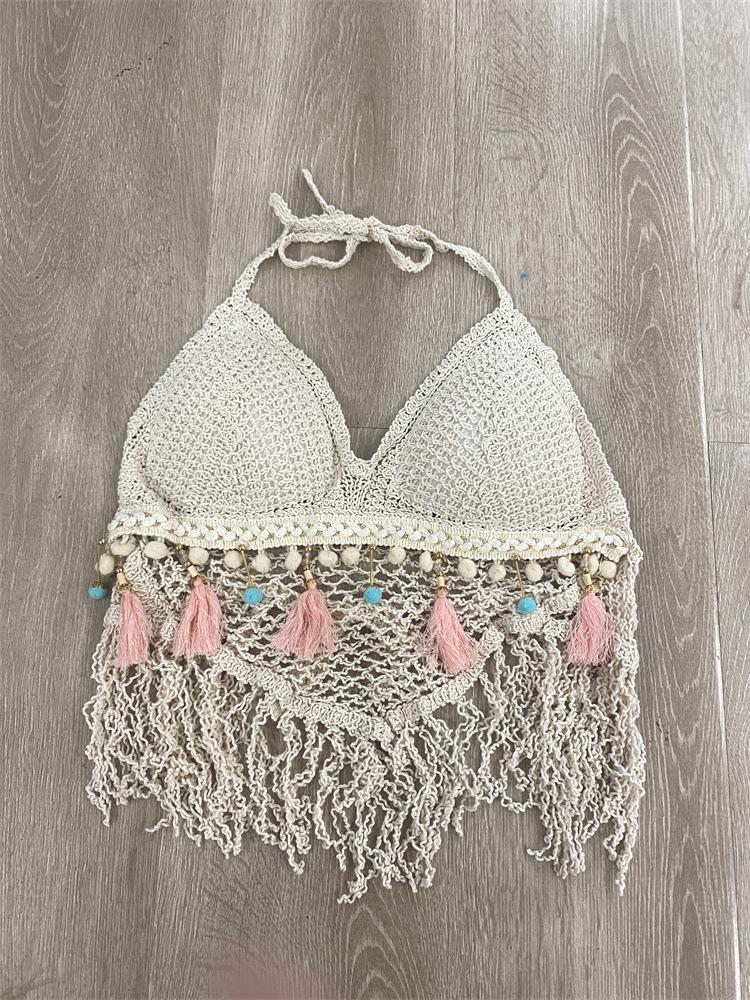 Lace-up Neck Small Vest, Sling Women's Summer Short Style with Chest Pad Inside, Backless Hollow Tube Top Embroidered Vest