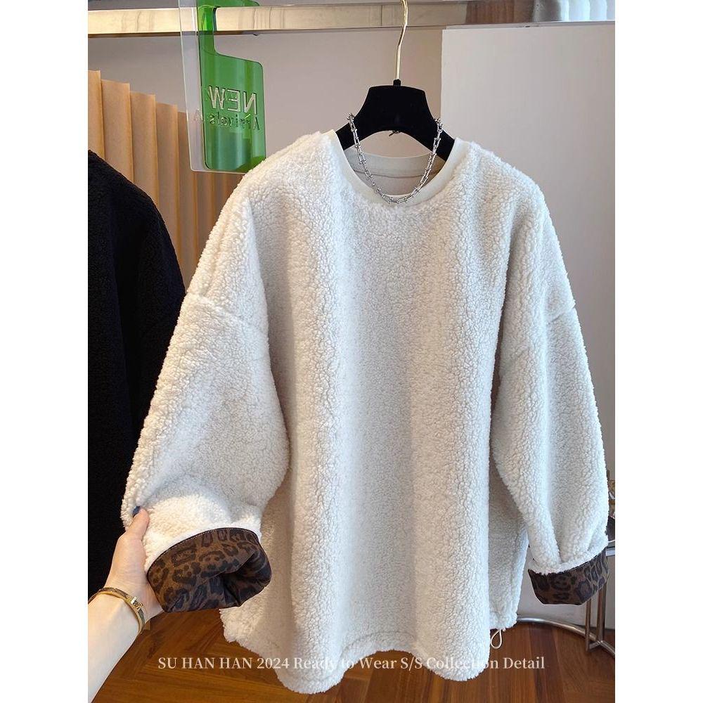 High-End Lazy Style Round Neck Sweatshirt - Imitation Lamb's Wool, Solid Color, Thickened for Autumn/Winter, 2025 Collection.