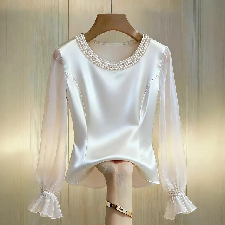 Spring Autumn Women's Round Neck Blouse High-end Pearl Satin Shirt Top