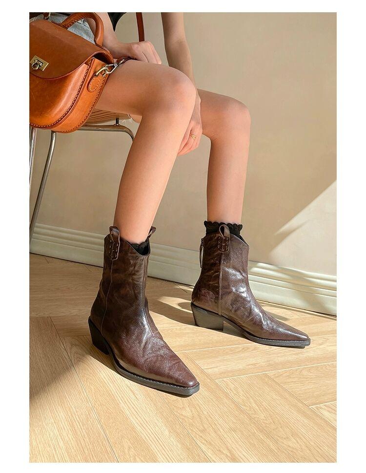 Western  Ankle Boots for Women PU Leather Pointed Toe Behind Retro Style Low Heel Women Boot Fashion Short Boots D181