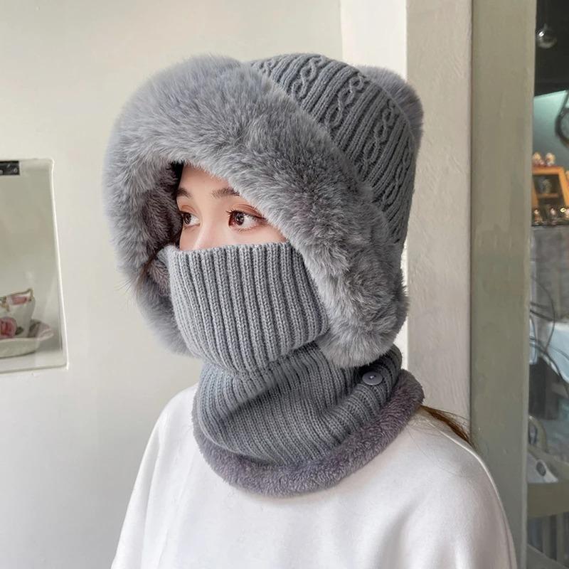 

Зимняя вязаная шапка шарф маска цельная плюшевая помпоновая шапка для женщин флисовая подкладка теплая шапочка уши защита шеи лыжная шапка one size серый