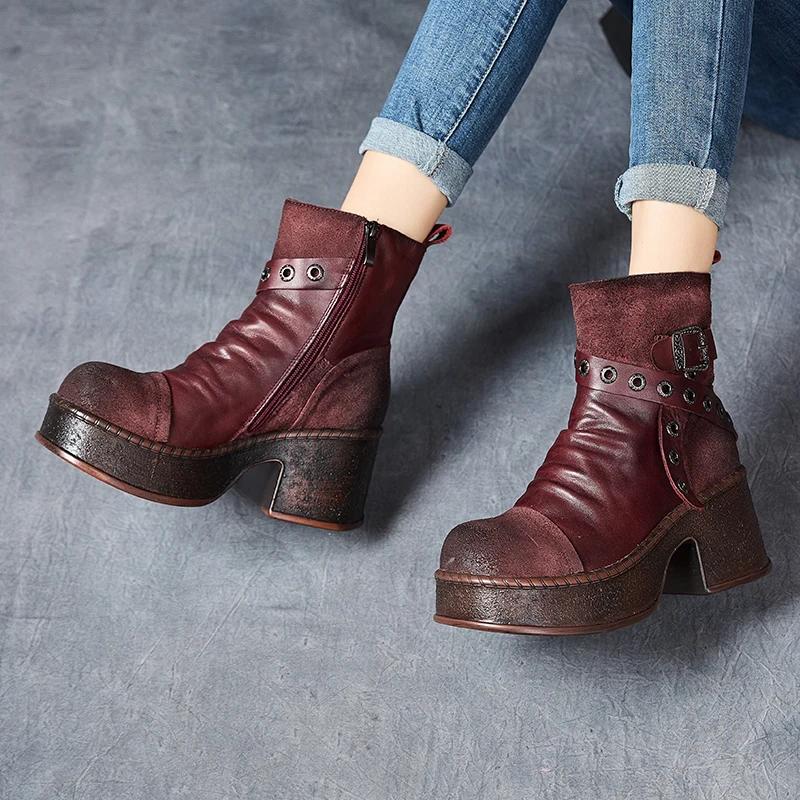 Women Motorcycle Boots Genuine Leather  New Zip Round Toe Women Shoes Sewing Handmade Retro Ankle Platform Boots