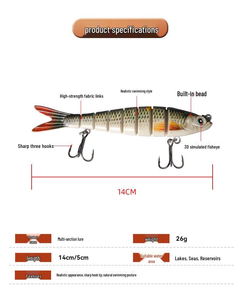 Best-Selling Realistic Multi-Jointed Fish Bait, 26g, 12cm, Eight-Section Sinking Lure for Sea Fishing