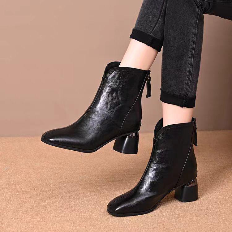 Women's British Style Soft Leather Square Toe Ankle Boots - Chunky Heel, Versatile, Comfortable, Warm, Autumn/Winter 2025.