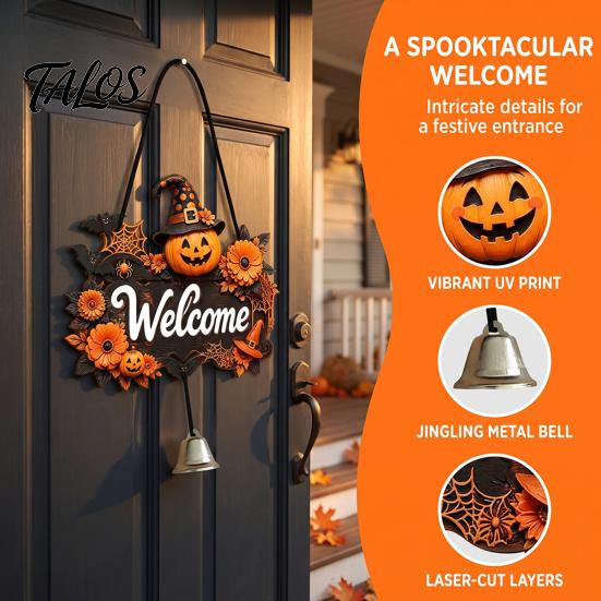 Fall Wall Hanging Ornament Halloween Pumpkin Ghost Wooden Welcome Door Hanger Sign, Cute with Bell Theme Plaque Rope, Decor for Indoor Outdoor