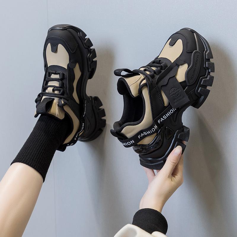 Daddy Shoes Autumn Women's Fashion Platform Black Sneakers Leather Versatile Non-slip Heightening Casual Shoes