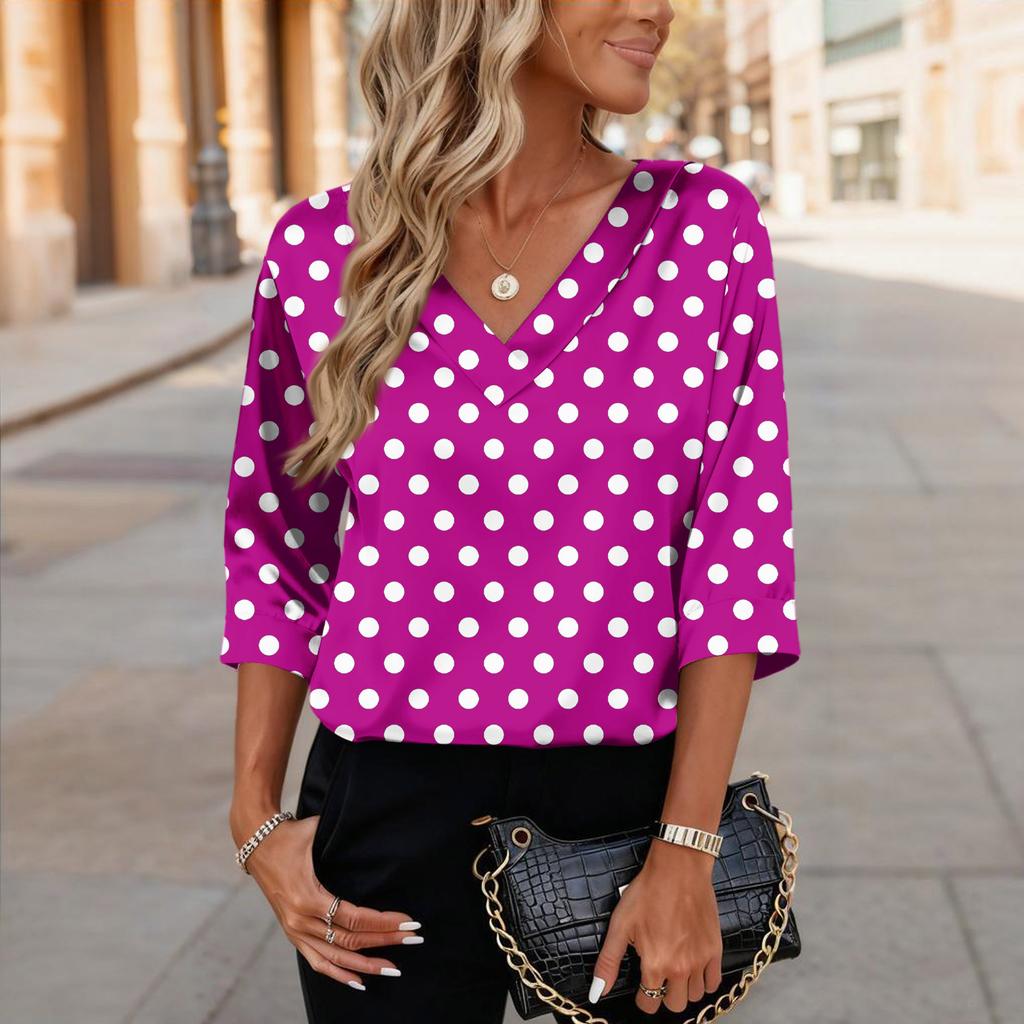 Womens 3/4 Length Sleeves Shirts V-Neck Satin Loose Dressy Trendy T-Shirt Pullover Blouse Tops