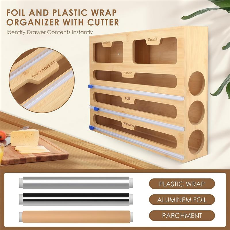 Aluminum Foil Organizer Bamboo 40 Cm Kitchen Roll Cling Film And Foil Organiser Plastic Wrap Dispenser With Cutter