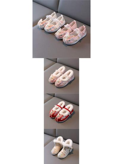 Ancient-Style Hanfu Shoes for Girls: Autumn/Winter Embroidered, Handmade Old Beijing Cloth Shoes in Traditional Chinese Design for Babies & Children.
