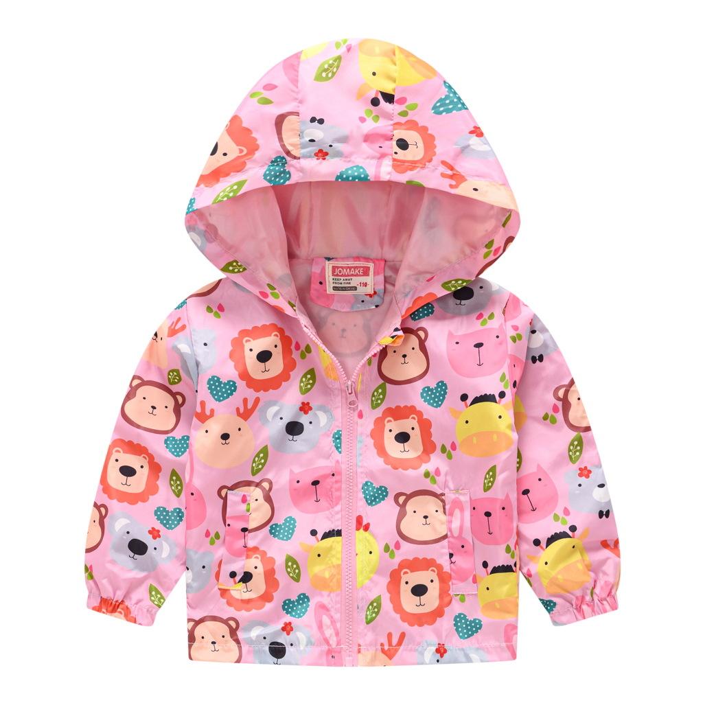 Toddler Kids Cartoon Print Hooded Jacket Boys Girls Lightweight Windproof Zip Up Casual Outerwear Coat