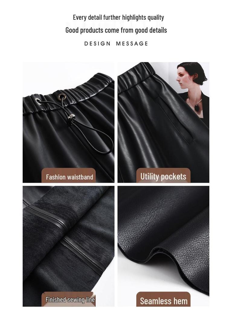 High-Waisted Genuine Leather Midi Skirt for Women - Autumn/Winter 2025 Collection with Elastic Hem