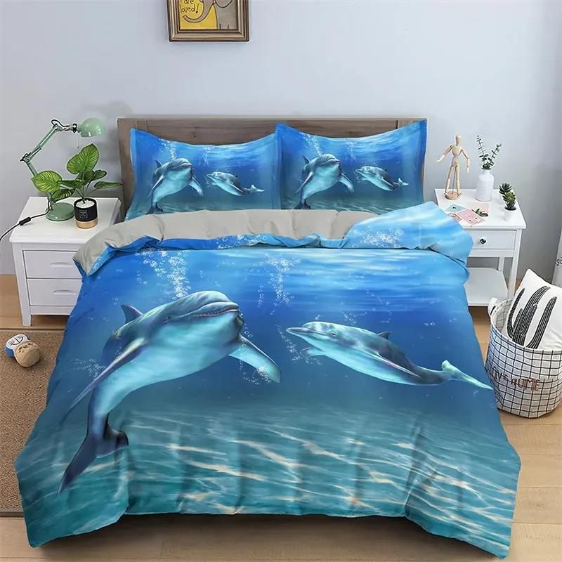 Comforter Dolphin Microfiber 3D Sea Animal Bedding Set Cartoon Comforter Full King Size For Boys Girls Adult Room Decor