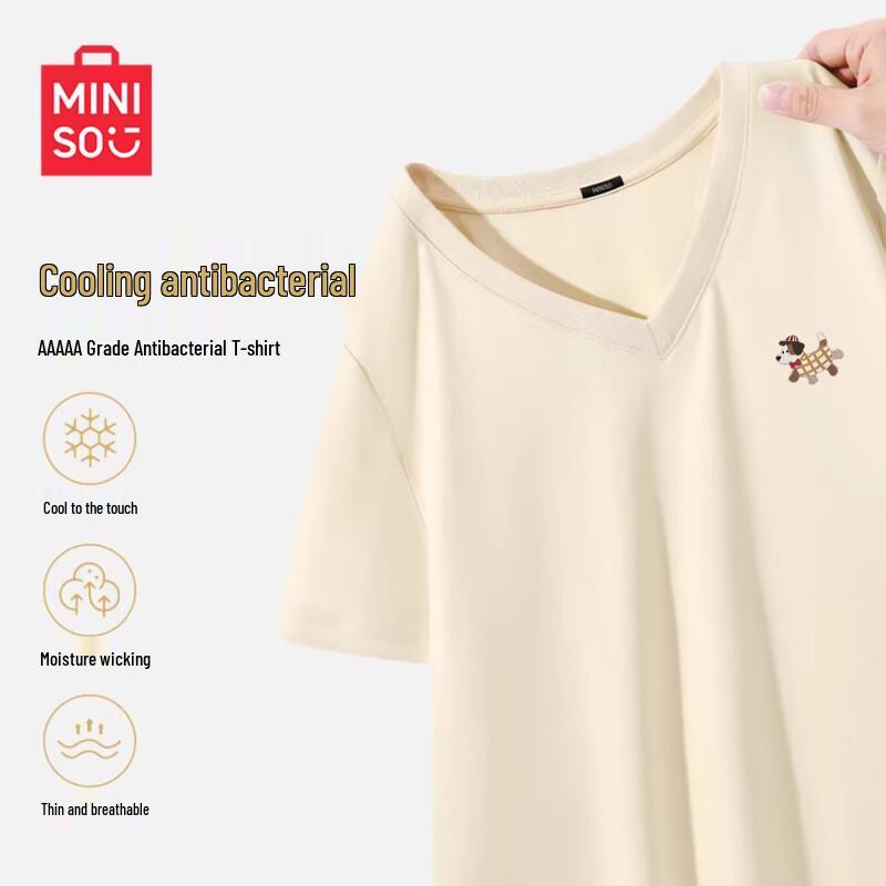 MINISO Women s V-Neck T-Shirt with Gentleman Puppy Emblem M