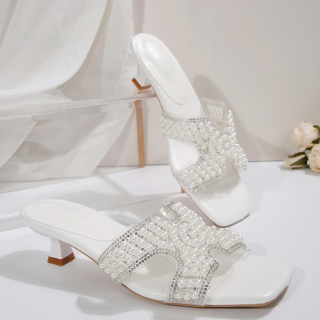 Large size summer new fashion temperament pearl rhinestone one-word high heel cool slippers women